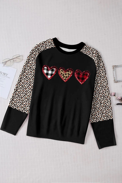 Plaid Leopard Heart Round Neck Sweatshirt