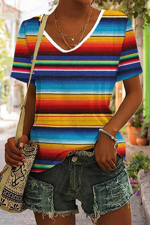 Cinco De Mayo Mexican Western Striped Print V Neck T-shirt