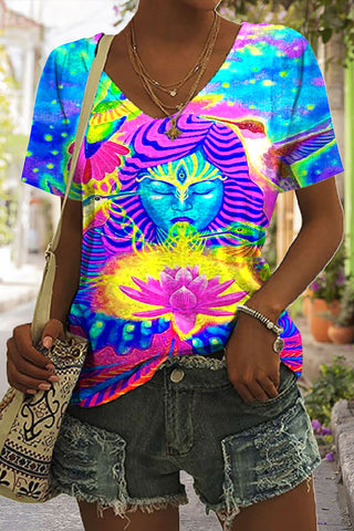 Retro Hippie Art Goddess Tie Dye Print V Neck T-shirt