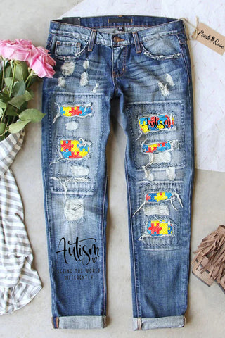 Autism Seeing The World Differently Print Ripped Denim Jeans