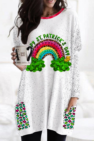 Rainbow and Shamrock Happy St Patricks Day Leopard Pattern Loose Tunic With Pockets