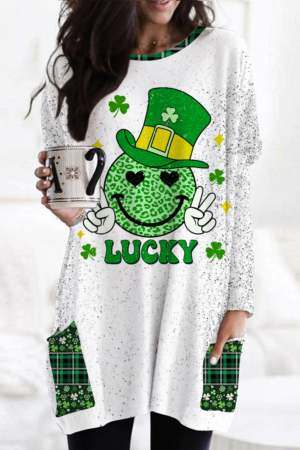 Shamrocks Smiling Face Lucky Happy St Patricks Leopard Glitter Loose Tunic With Pockets
