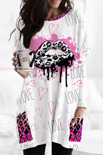 Pink Leopard Print Lips Loose Tunic With Pockets