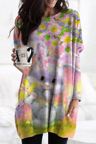 Dreamy Easter Bunny & Flowers Tunic with Pockets