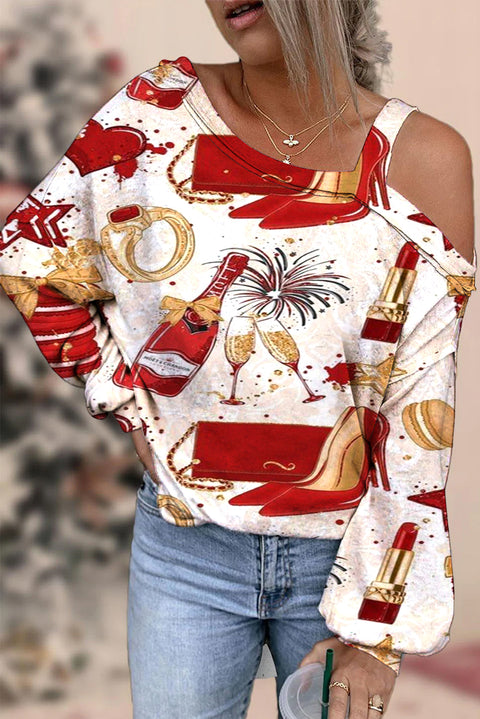 Ladies Holiday Print Off-shoulder Blouse