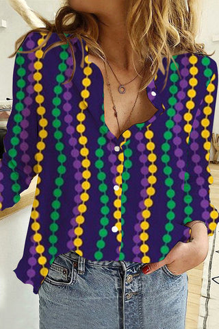 Casual Mardi Gras Tricolor Beads Long Sleeve Shirt