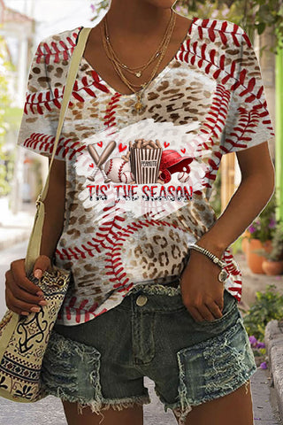 Tis the Season Baseball Leopard Printed V Neck T-shirt