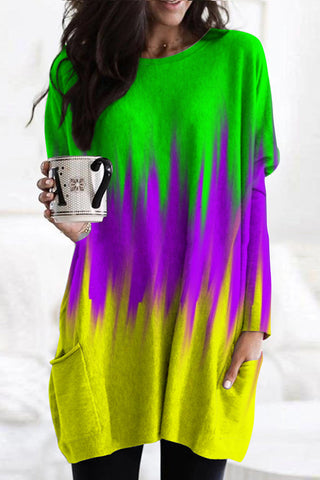Vintage Mardi Gras Purple Green And Gold Tie Dye Print Tunic with Pockets
