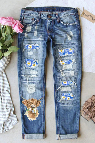 Daisy Floral Highland Cow Spring Print Ripped Denim Jeans