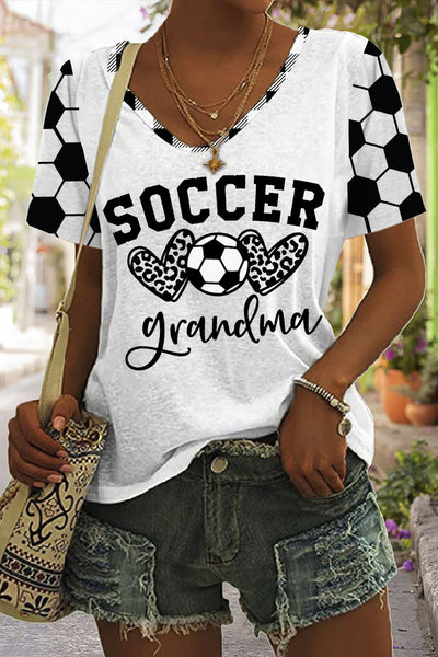 Soccer Grandma Heart Plaid Print V-Neck T-Shirt