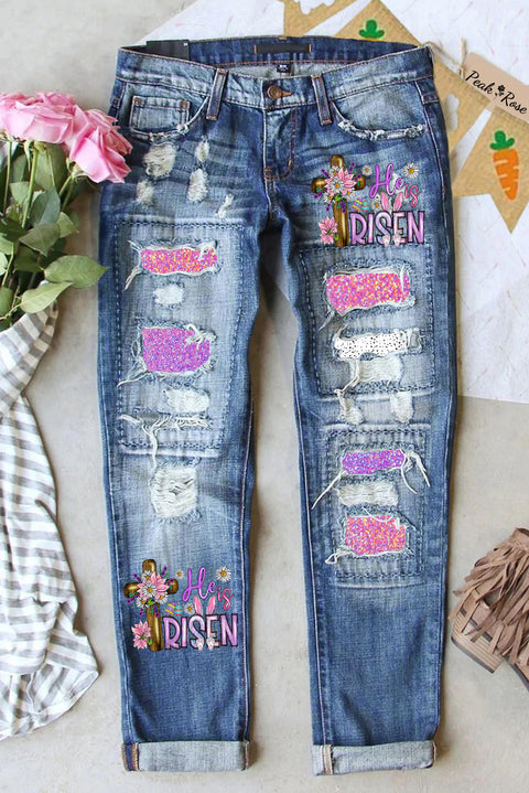 He Is Risen Easter Bunny Christian Cross Jesus With Daisy Print Ripped Denim Jeans