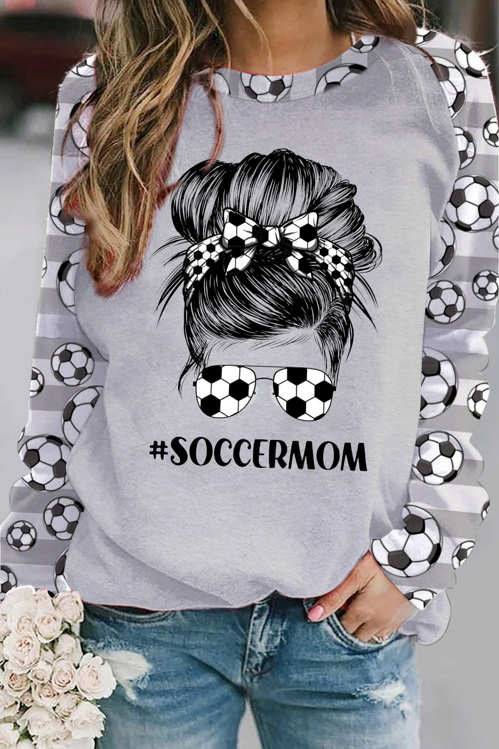 Soccer Mom Messy Bun Striped Print Sweatshirt