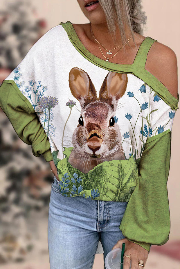 Cute Easter Bunny In The Green Plants Printed Off-Shoulder Blouse