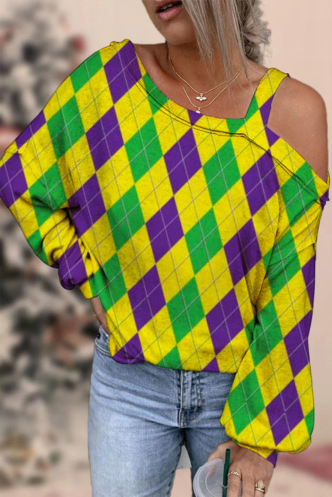 Retro Argyle Mardi Gras Carnival Print Off-Shoulder Blouse