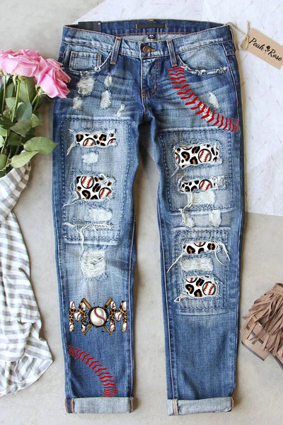 Casual Leopard Baseball Mom Baseball Bat Print Denim Jeans