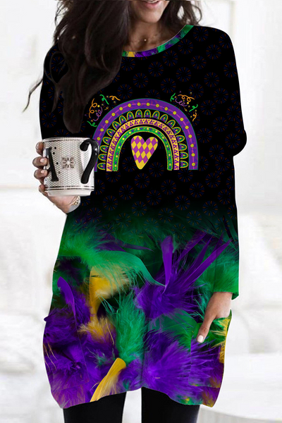 Mardi Gras Carniva Neon Feathers Loose Tunic With Pockets
