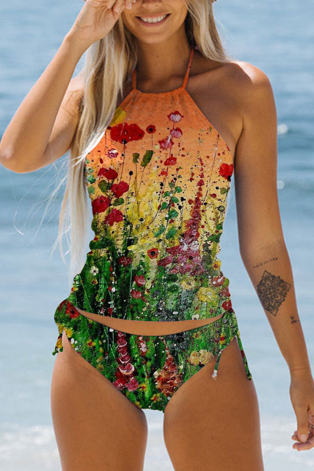 Casual Flower Bouquet Abstract Paintings Bikini Swimsuit