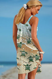 Travel Day Ocean World Beach Sea Turtle And Conch Printed Sleeveless Dress