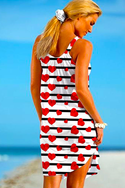 Striped Heart Print Sleeveless Dress