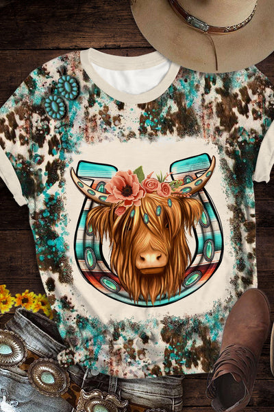 Floral Long Hair Shaggy Cow With Horseshoe Western Leopard Print Round Neck T-shirt