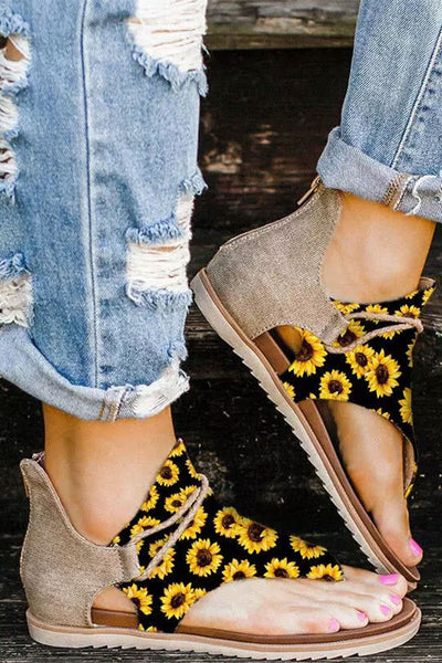Women’s Fashion Sunflower Zipper Flat Sandals