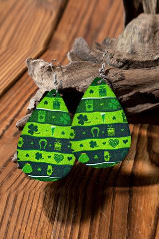Striped Clover Print Pu Leather Earrings Green