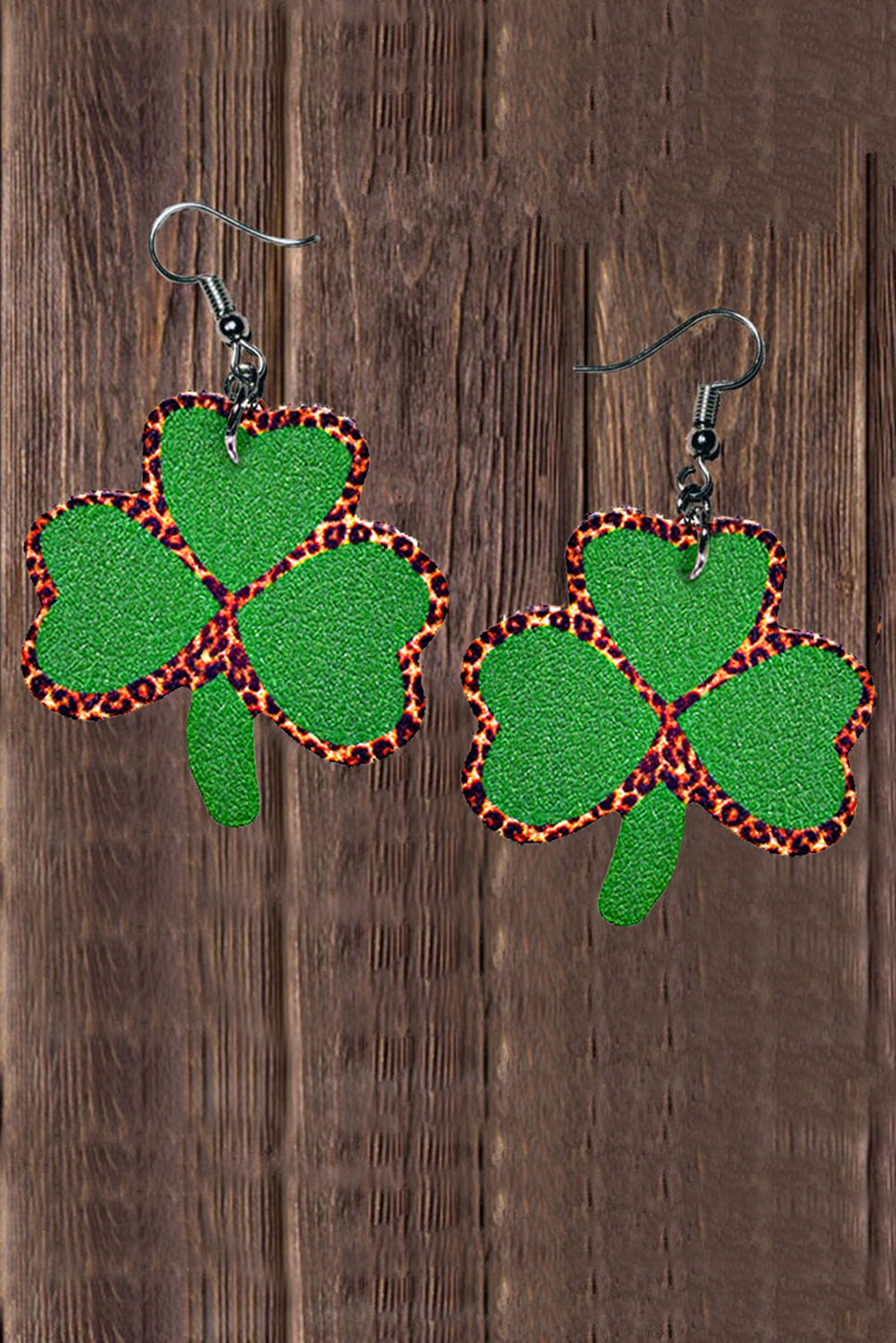 Leopard Clover Print Pu Leather Earrings Green