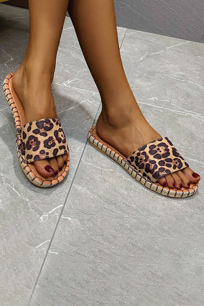 Leopard Open Toes Flat Slide Sandals