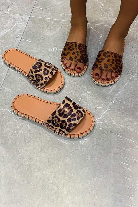 Leopard Open Toes Flat Slide Sandals