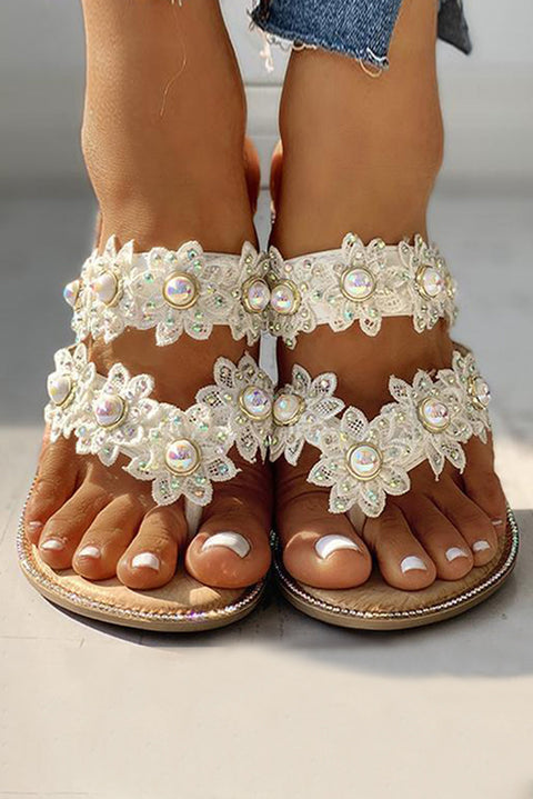 Studded Crochet Flower Straps Flip Flop Slippers