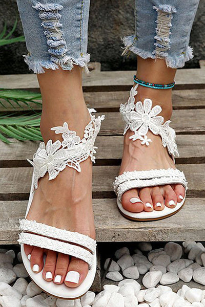 White Floral Lace Crochet Flat Sandals
