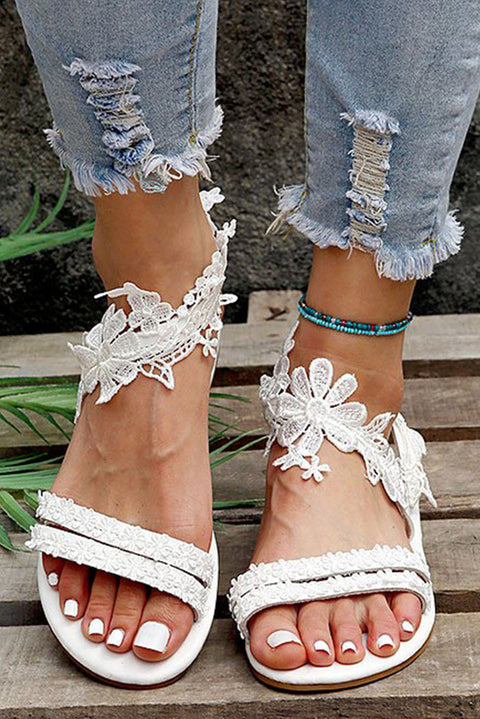 White Floral Lace Crochet Flat Sandals