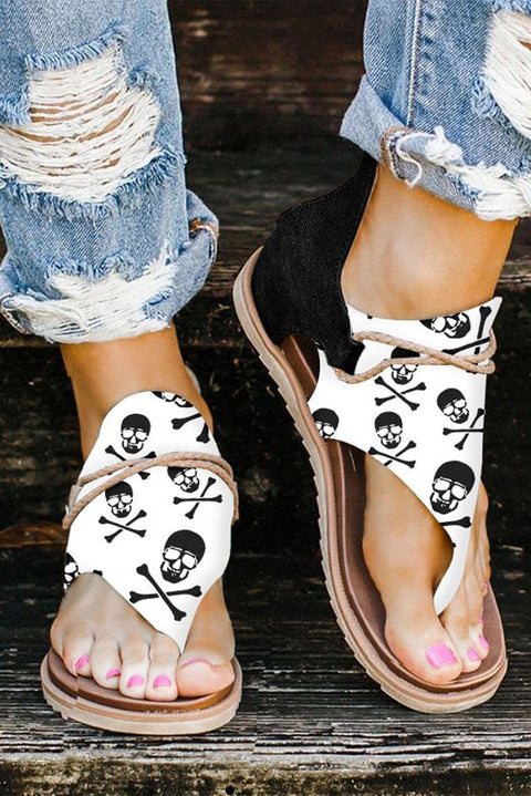 White Skull Print Clip Toe Flat Sandals