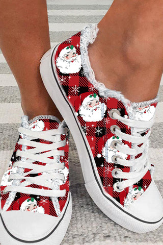 Red Plaid Santa Lace Up Daily Flat Canvas Shoes