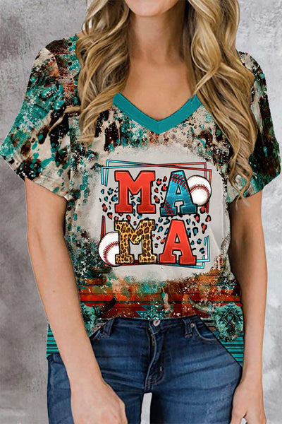 Casual Leopard Baseball Mama Print Bleached T-Shirt