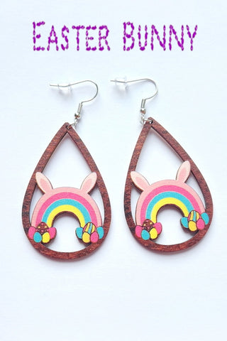 Cute Easter Bunny Rainbow With Eggs Wooden Earrings