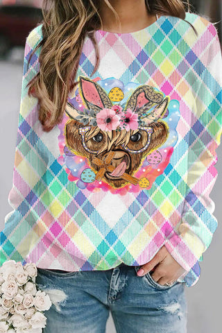 Easter Bunny Highland Cow With Glasses Farmers Cross Macarons Plaid Print Sweatshirt