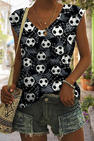 Game Day Soccer Ball And Leopard Printed V-Neck Tank Top