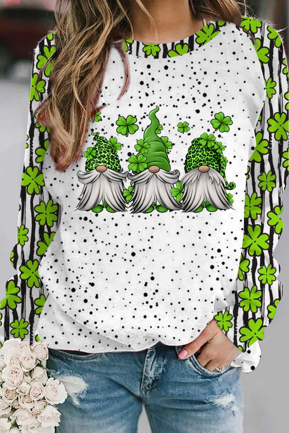 Green Leopard Lucky Clover Gnomes Polka Dots Print Sweatshirt