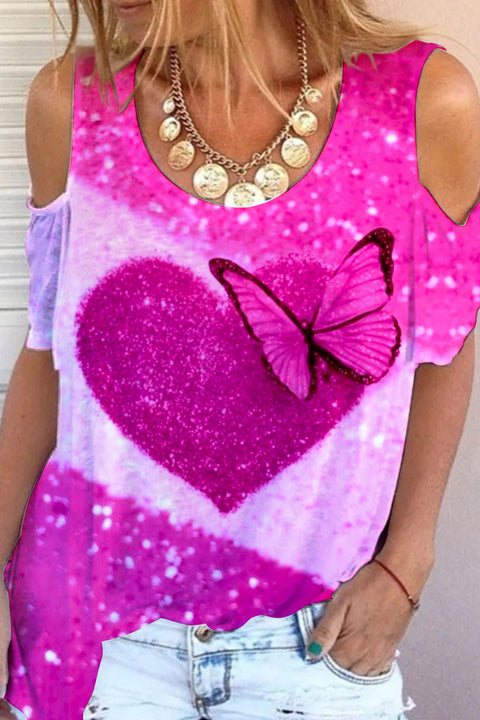 Glitter Heart Butterfly Sparkles Print Cold Shoulder T-Shirt