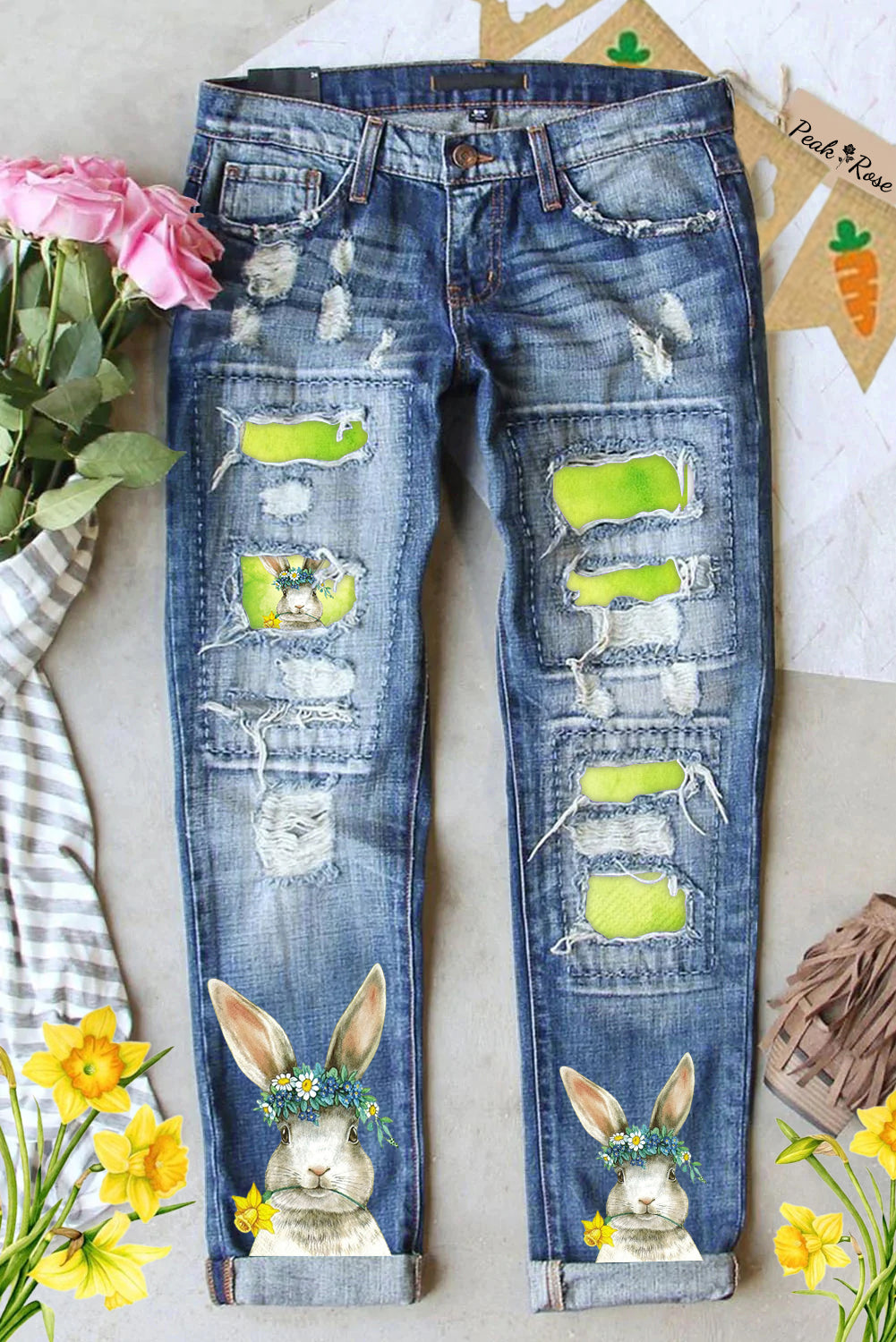 Happy Easter Bunny With Daffodils Spring Floral Printed Ripped Denim Jeans