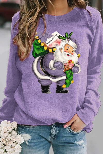 Purple Christmas Santa Print Sweatshirt