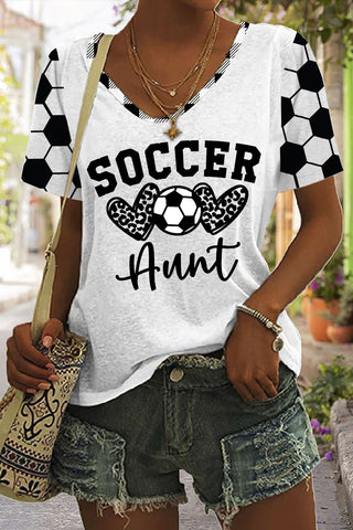 Soccer Aunt Heart Plaid Print V-Neck T-Shirt
