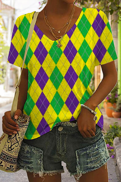 Retro Argyle Mardi Gras Carnival Print V Neck Short Sleeve T-shirt