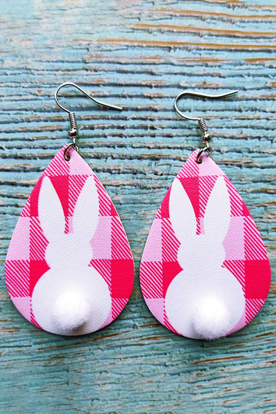 Pink Plaid Cute Easter Bunny Drop Printed Earrings