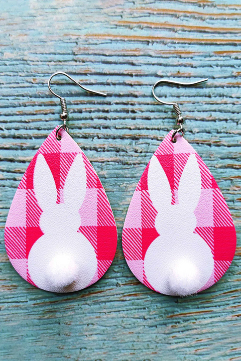 Pink Plaid Cute Easter Bunny Drop Printed Earrings