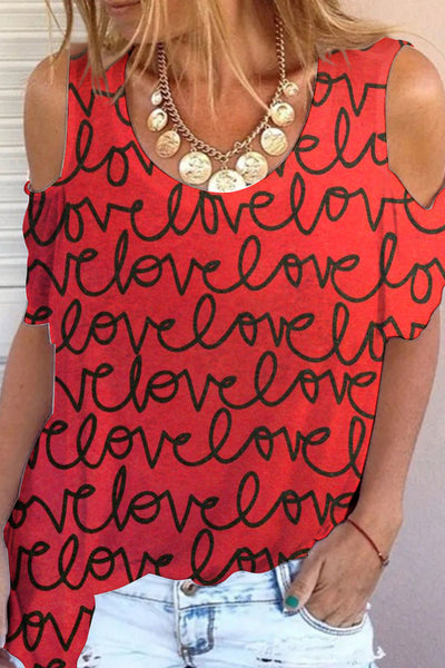 Love Full Print Red Cold Shoulder T-Shirt