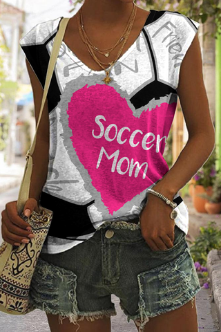 Soccer Mom In Heart Print V-neck T-shirt
