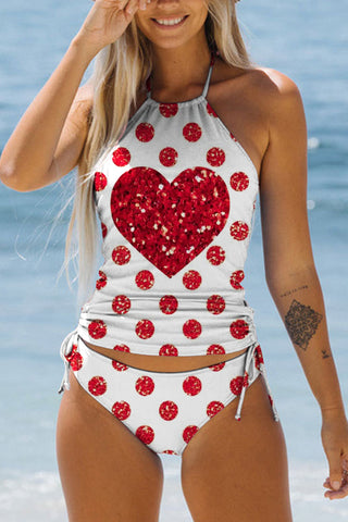 Red Polka Dots Love Print Bikini Swimsuit