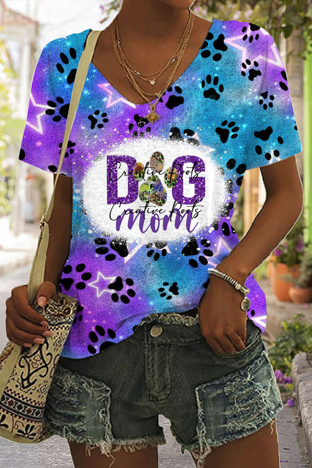 Cute Dog Paw Roaming The Milky Way Starry Sky Dog Mom Print V Neck T-shirt